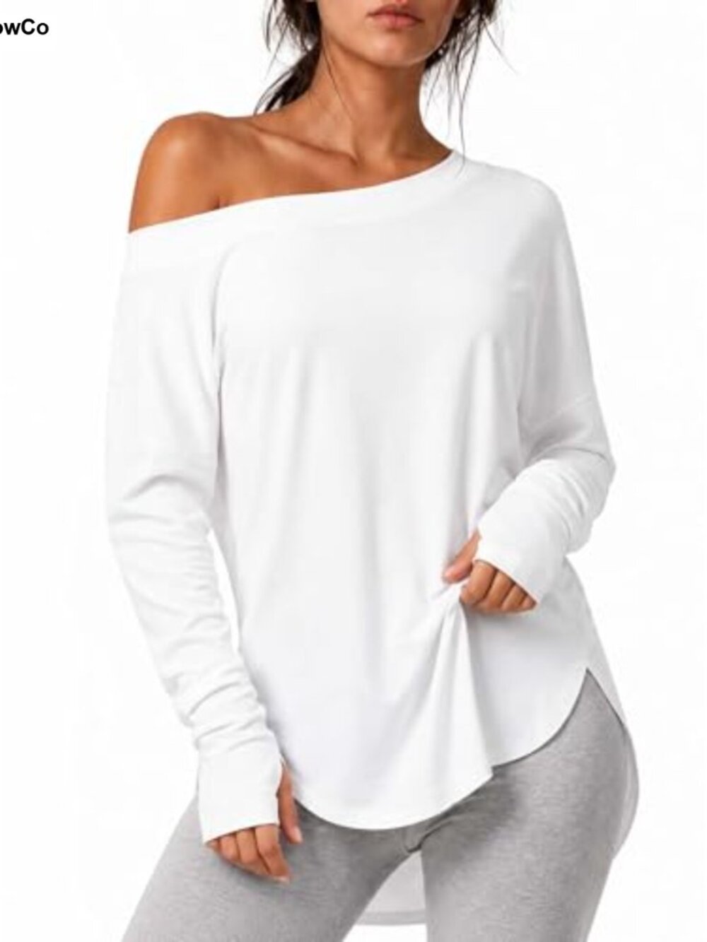 Off Shoulder Long Sleeve Curved Hem Thumbhole Workout Top